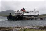 CalMac ferry MV Hebrides, Innse Gall, arrives at Lochmaddy, North Uist, in a summer gale