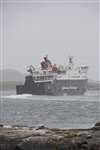 CalMac ferry MV Hebrides, Innse Gall, leaving Lochmaddy, North Uist, in a summer gale